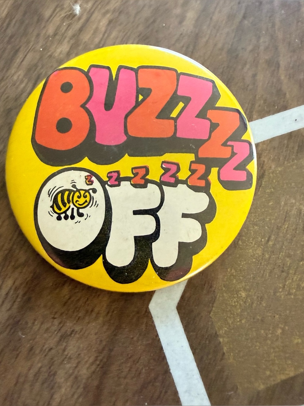 Buzz Off Bee Pinback Button - Yellow Pink Black